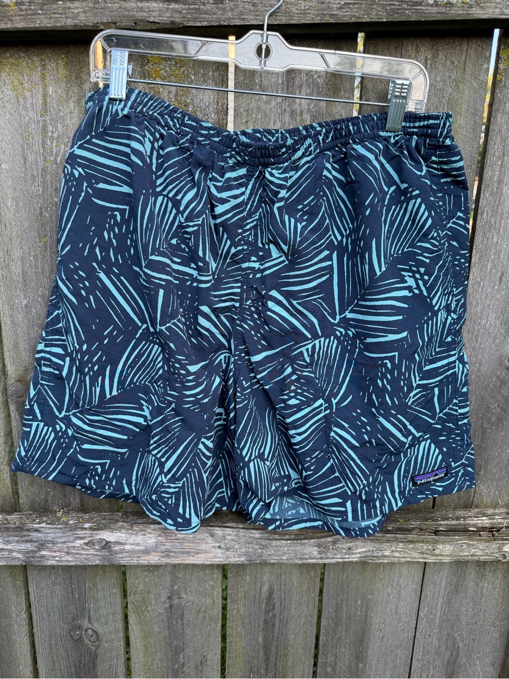 Patagonia Navy and Teal Leaf-Print Swim Shorts